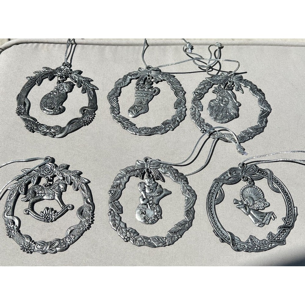 Vtg Pewter Christmas Ornaments 6 Round Cat Horse Angel Snowman Stocking Santa